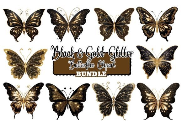 Download Black and Gold Glitter Butterflie Clipat - Black Collection