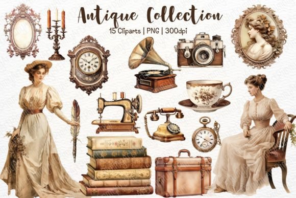 Download Vintage Antique Watercolor Clipart Set - Antique Collection