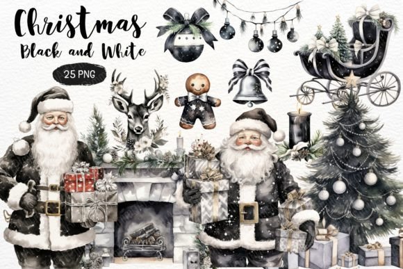 Download Christmas Black and White Watercolor PNG - Black Collection