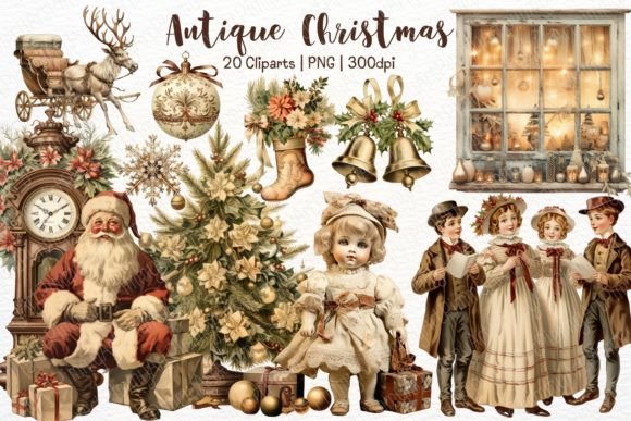 Download Antique Christmas Watercolor Clipart Set - Antique Collection